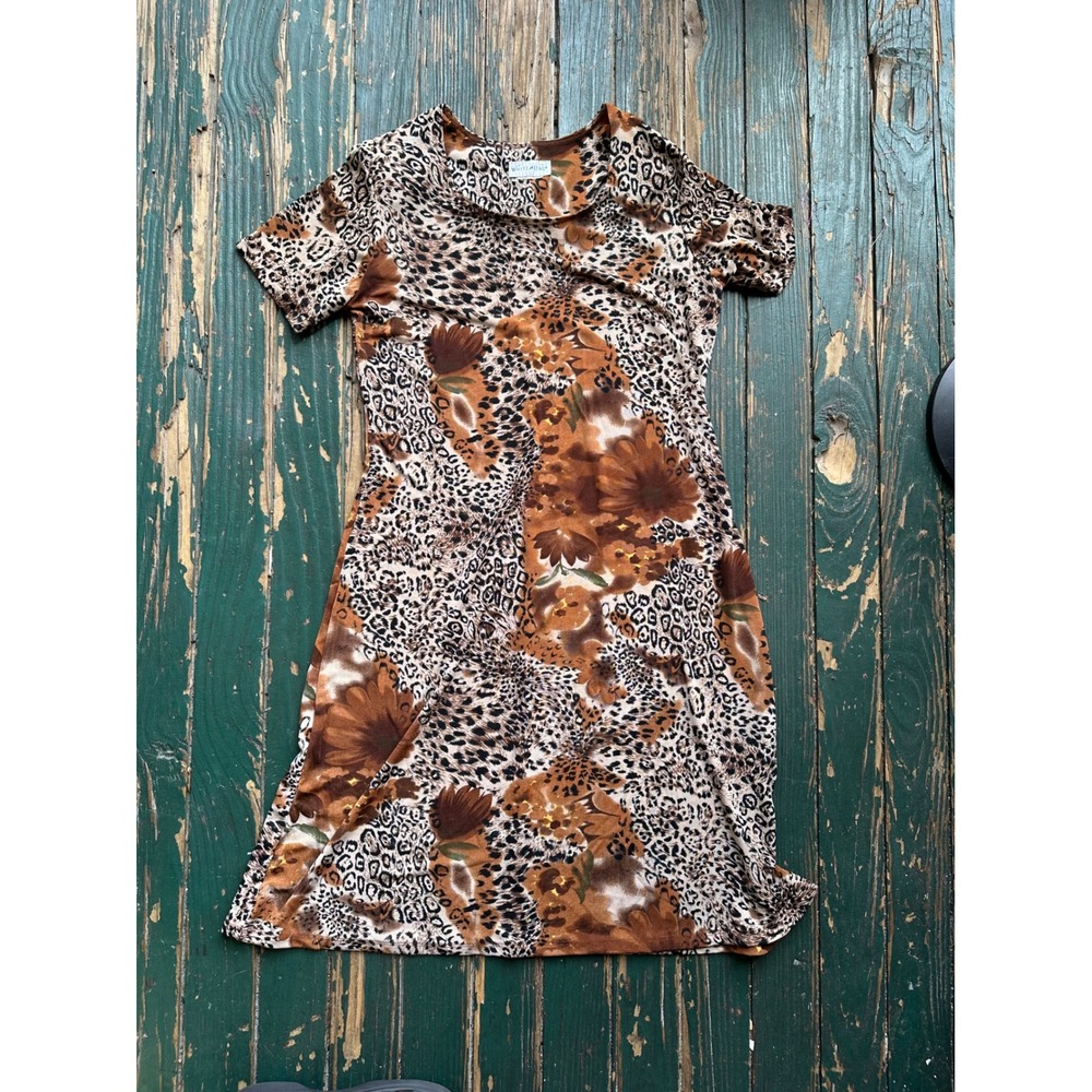 White Stag Womens Animal Floral Print Short Sleeve Shift Dress Brown Tan A3770